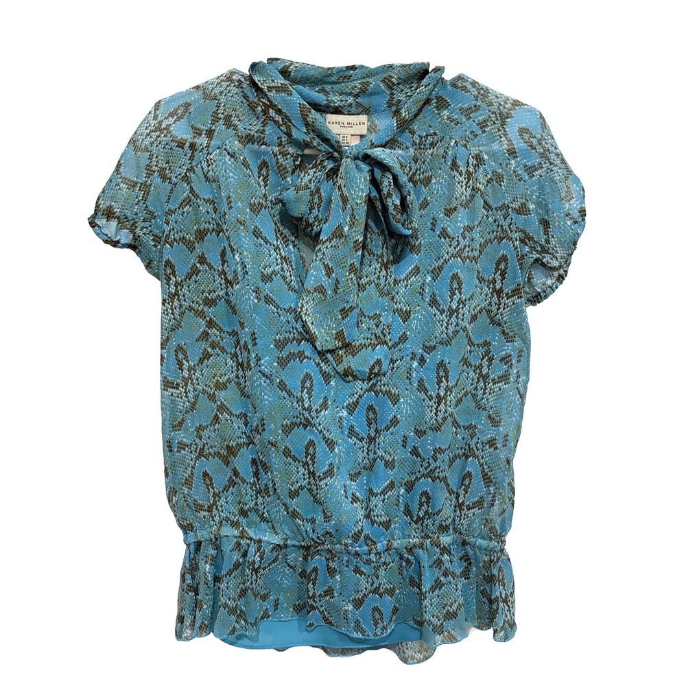 Womens Karen Millen Vintage 2 Piece Snakeskin Chiffon Neck Tie Blouse Size 4 Y2K